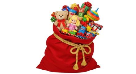 Santa's sack filled with colorful Christmas toys isolated PNG with Transparent Background