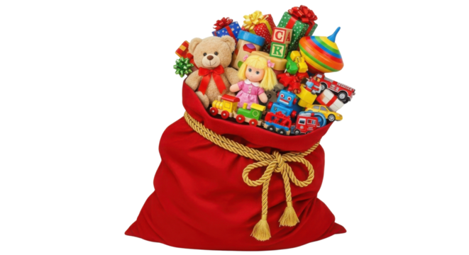 Santa's sack filled with colorful Christmas toys isolated PNG with Transparent Background