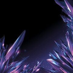 Abstract purple and blue crystals on a black background creating a jagged frame with soft lighting