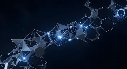 Abstract network of interconnected polygons and lines with glowing nodes on a dark background