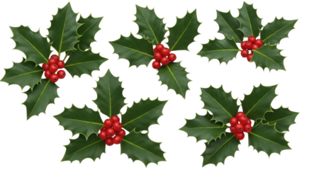 Holly plant sprigs with red berries for Christmas decoration isolated PNG with Transparent Background