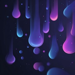 Abstract purple and blue liquid drops with small spheres floating on a dark background design art