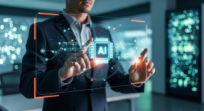 Businessman Interacting with Digital Artificial Intelligence Interface in Modern Technology Office