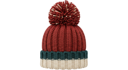 Red and green knitted winter beanie hat with pompom isolated PNG with Transparent Background