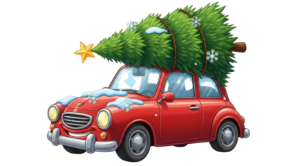 Red car carrying a Christmas tree with a star on the roof isolated PNG with Transparent Background
