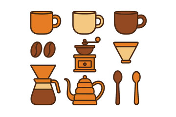 Essential coffee making tools and accessories set with mugs, beans, and grinder