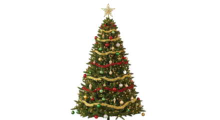 Decorated Christmas tree with ornaments and gold star isolated PNG with Transparent Background