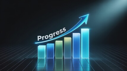 Glowing bar graph with progress text and upward arrow on a dark technological background, symbolizing advancement