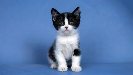 Fototapeta premium Charming Full-Body Studio Portrait of a Tiny Black and White Tuxedo Kitten with Large Curious Eyes, Sitting Upright and Looking Directly at the Camera Against a Clean, Vibrant Blue Background
