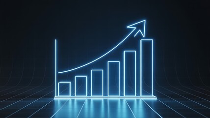 3d glowing blue bar chart with upward trending arrow on dark background representing growth and success