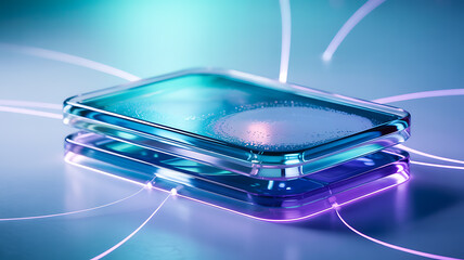 Futuristic glowing microchip processor with digital connections and data streams abstract art