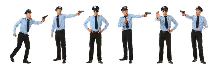 Policeman in uniform on white background. Collage of different portraits
