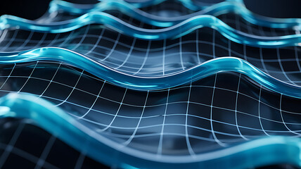 Abstract futuristic network grid with glowing blue and green waves and ripples