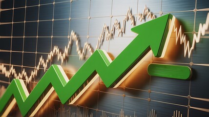 Green arrow showing upward trend on a financial stock market graph background with grid lines