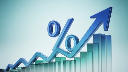 3d render of a blue percentage sign and upward trending arrow over a bar chart, indicating financial growth