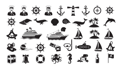 Maritime and Nautical Glyph Icon Set, Vector Pictograms of Ship, Anchor, Compass, Lighthouse, Dolphin, Sailing, Marine Life, Ocean Travel, Black Silhouette Illustration