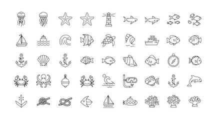 Marine Life and Nautical Elements Line Icon Set, Vector Pictograms of Sea Creatures, Sailing, Underwater Exploration, Sailboat, Lighthouse, Ship, Anchor, Compass, Coral Reef, Thin Linear Illustration