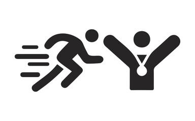 Runner crossing finish line and celebrating victory with arms raised in triumph
