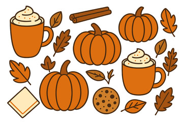 Autumn harvest and cozy drink elements set featuring pumpkins, spice lattes, and fall foliage