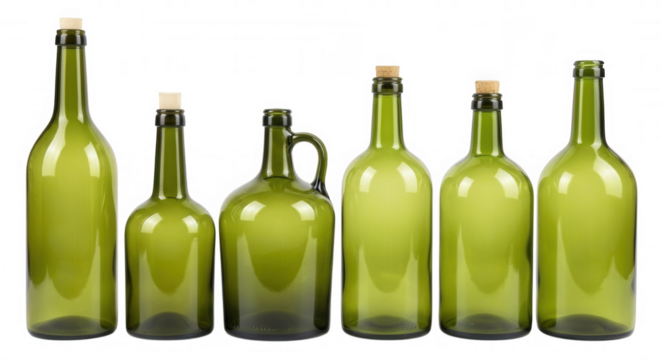 Green glass bottles corked stoppers various shapes isolated on a transparent background image