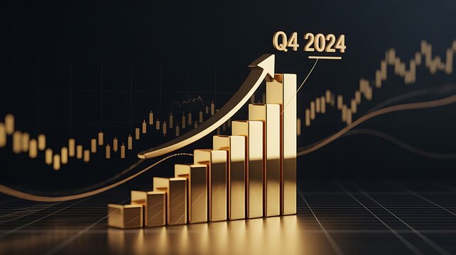 Golden bar chart showing strong financial growth and upward trend for q4 2024 with stock market data