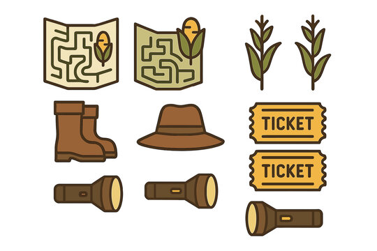 Elements of a corn maze adventure: map, boots, hat, flashlight, corn stalks, and tickets