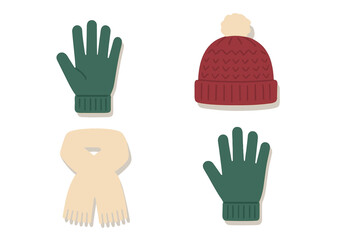 Set of essential winter accessories featuring a red knitted beanie, beige scarf, and green gloves