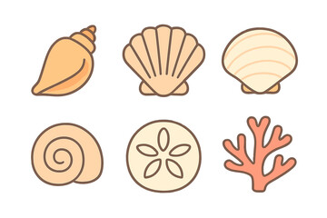 Set of six stylized marine elements including various seashells, sand dollar, and coral reef branch