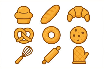 Set of flat design icons showing baked goods and essential kitchen baking tools