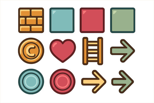 Classic arcade game interface elements and level design assets in a simple flat style