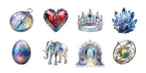 Collection of iridescent cosmic objects isolated on transparent background