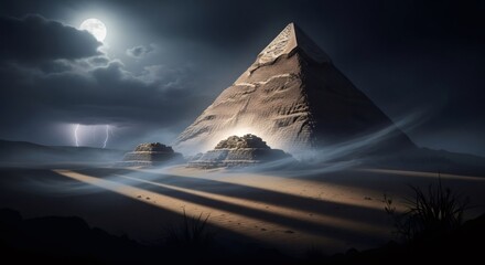 Mystical night scene with pyramid and full moon glowing above desert landscape. Ancient mystery and conspiracy theory concept for storytelling.