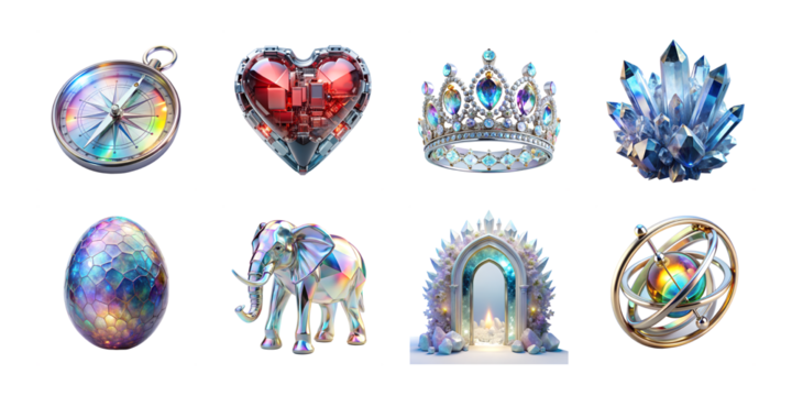 Collection of iridescent cosmic objects isolated on transparent background