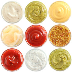 Wasabi and other condiments isolated on white, set. Top view