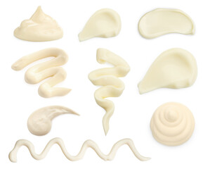 Set of mayonnaise samples on white background
