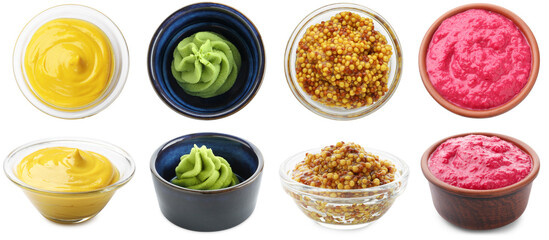 Wasabi and other condiments isolated on white, set. Top and side view