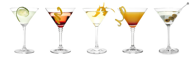 Different cocktails in martini glasses isolated on white, set