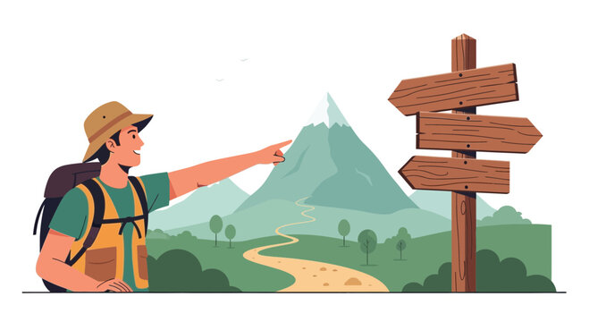 Choosing The Perfect Pathway For Hike Adventures In The Mountains, Vector Illustration
