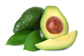 Fresh avocados and green leaves on white background. Whole and sliced