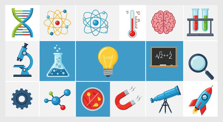 Science and learning icons, a colorful graphic representation of scientific exploration and