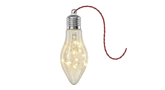 Lightbulb with decorative string lights inside and red cord isolated PNG with Transparent Background