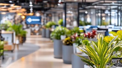 Ai agent enhancing workspace efficiency in modern business office with lush greenery and collaborative environment