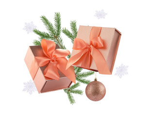 Christmas or New Year celebration. Gift boxes and festive decor flying in air on white background