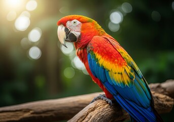 Obraz premium Vibrant Scarlet Macaw Parrot Perched on a Branch in a Sunlit Tropical Forest.