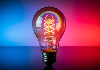 Vintage Edison light bulb glowing brightly against a dramatic red and blue background.
