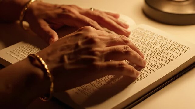 Closeup of Hands Reading Braille on Book in Warm Light