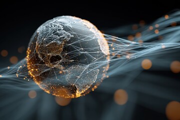 3D illustration of a glowing globe surrounded by dynamic light trails, representing global connectivity and digital communication in a modern technological landscape