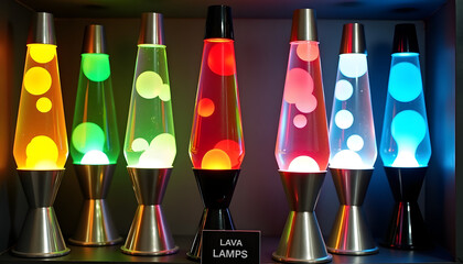 Colorful lava lamps in a row, illuminated with vibrant, retro lighting