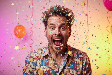 Excited man with colorful shirt celebrating amidst vibrant confetti and balloons, expressing joy and enthusiasm in a festive atmosphere, capturing the essence of celebration and happiness