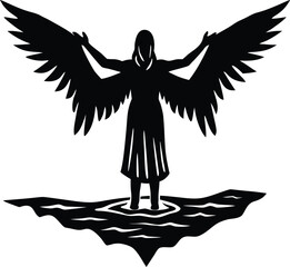 Black vector illustration of a flying angel woman with eagle wings in a bird silhouette tattoo design symbolizing freedom